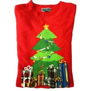 Karen Scott Sequin Holiday‎ Christmas Tree Long Sleeve Sweater Red Size Large